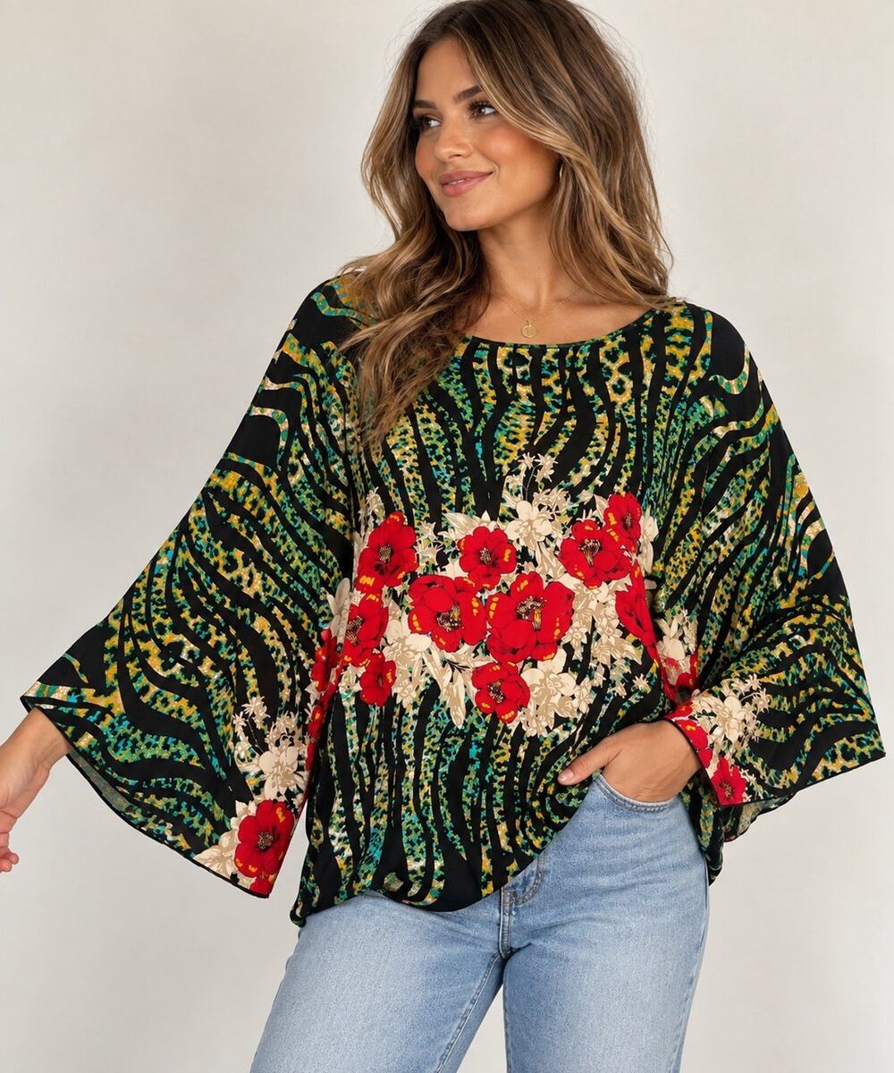 Cato Sportswear Blouse Womens M NWT Floral Animal Print Bell Sleeve Rayon